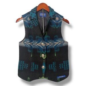 Pendleton Vest Women's Small Virgin Wool Southwestern Aztec Lined Black Teal